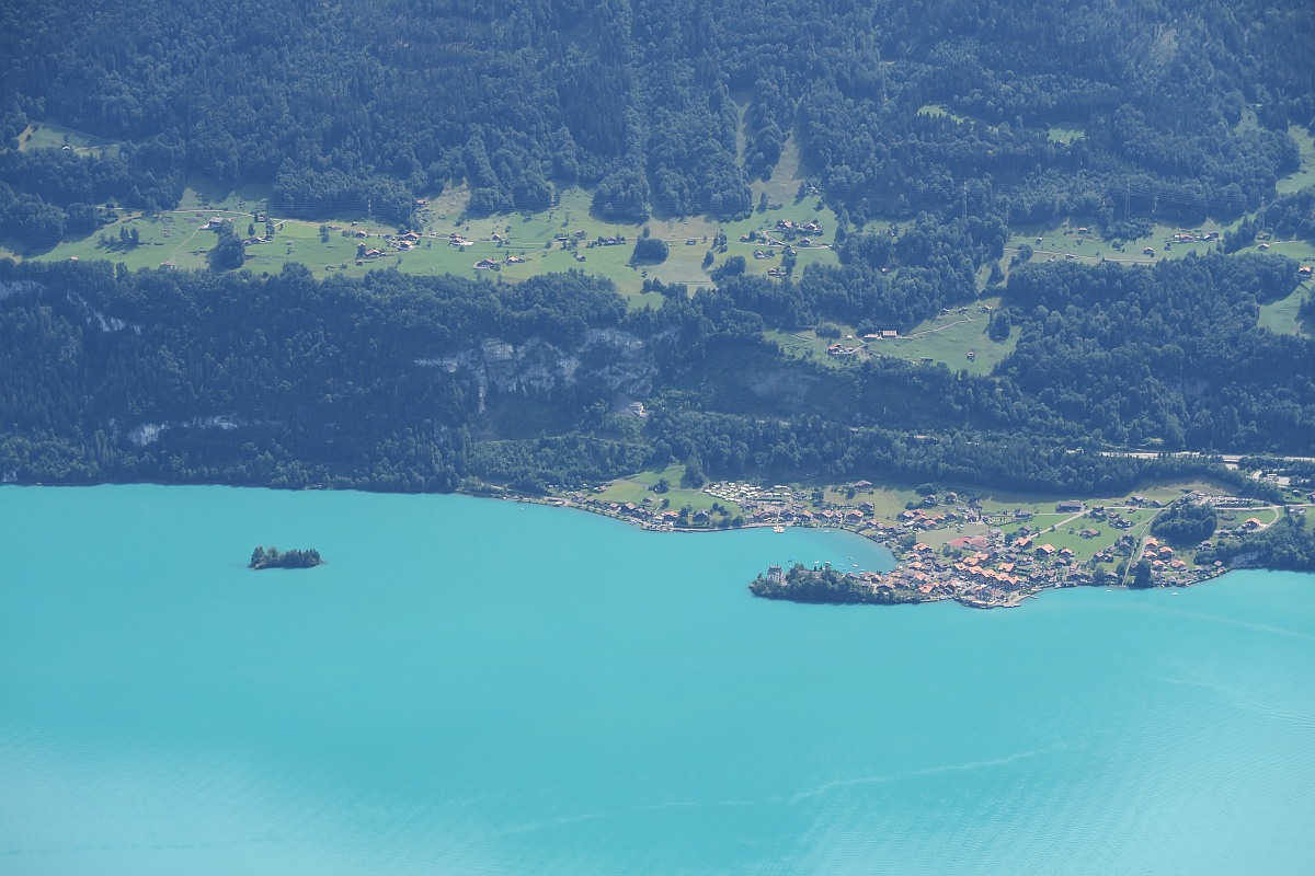 You can see the only island on Lake Brienz