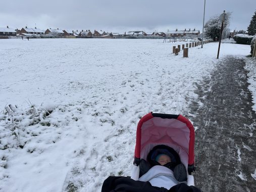 Out n About pram in the snow